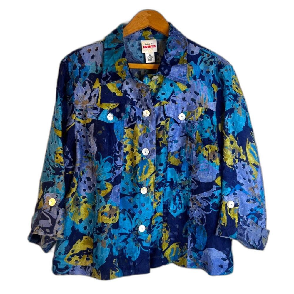 Ruby RD Distressed Floral Lightweight Top Semi Sheer Boho Artsy Bright Size 16